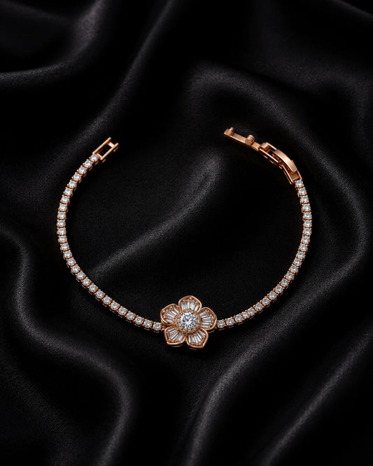 Swannah Crystal Bloom Tennis Rose Gold Floral Crystal Bracelet for Women