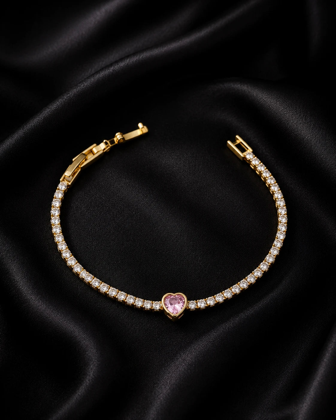 Swannah Pink Heart Crystal Tennis Gold Crystal Bracelet for Women