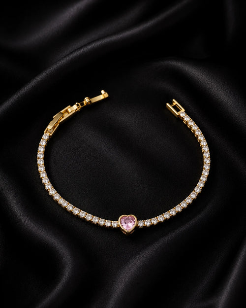 Swannah Pink Heart Crystal Tennis Gold Crystal Bracelet for Women