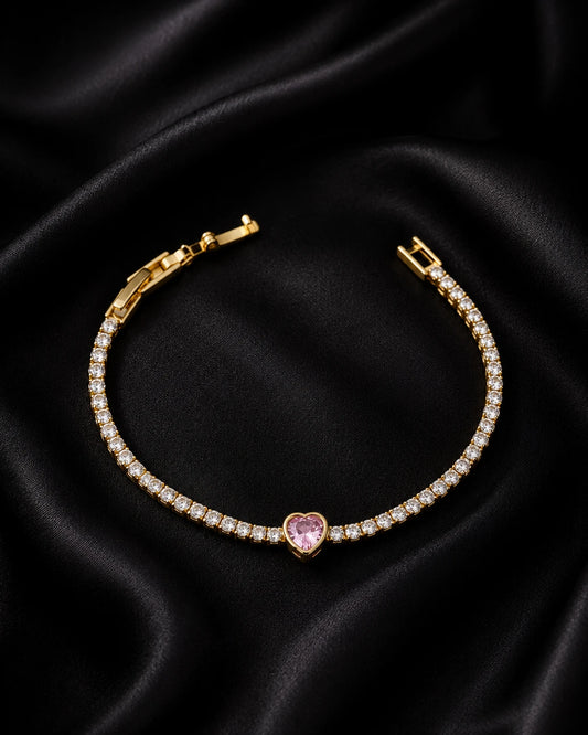 Swannah Pink Heart Crystal Tennis Gold Crystal Bracelet for Women