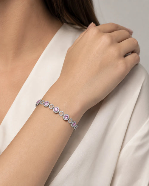Swannah Blush Halo Crystal Silver Pink Stone Tennis Bracelet for Women
