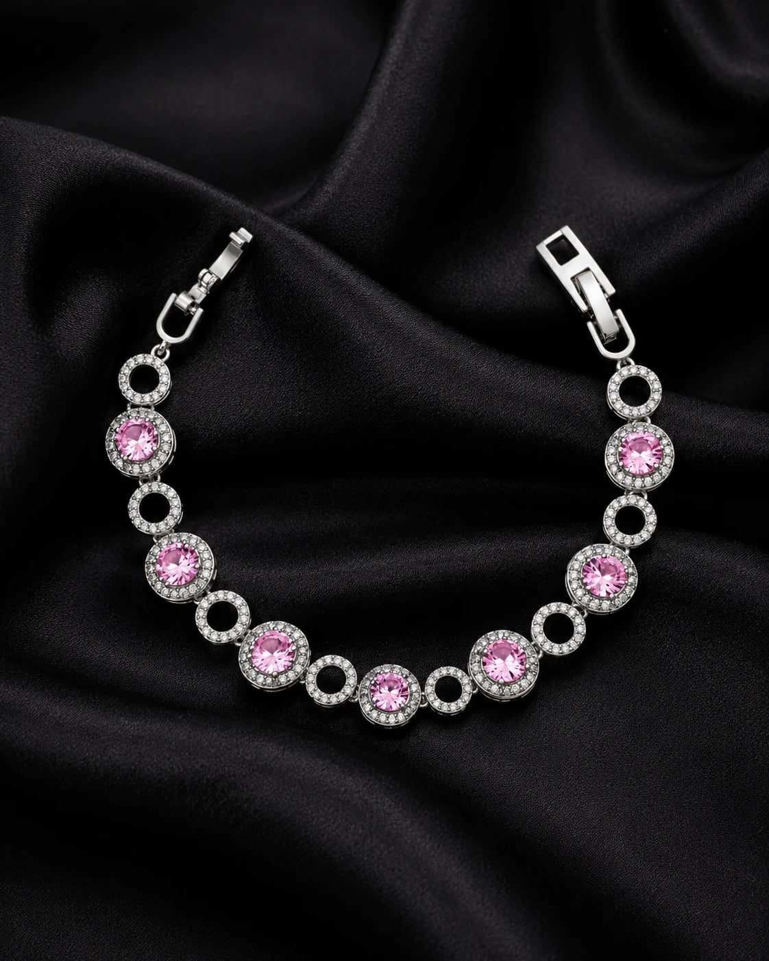 Swannah Blush Halo Crystal Silver Pink Stone Tennis Bracelet for Women