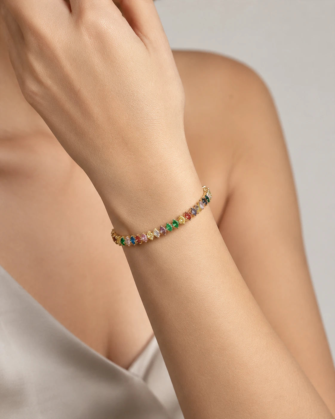 Swannah Rainbow Crystal Tennis Gold Multicolor Gemstone Link Bracelet for Women