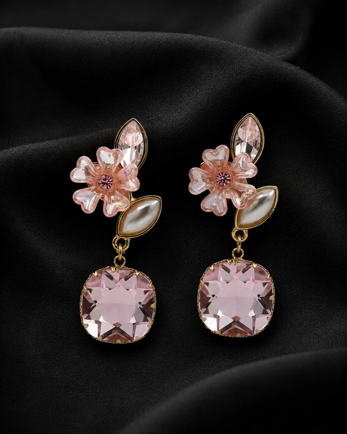 Swannah Pink Blossom Drop Floral Crystal Statement Earrings for Women