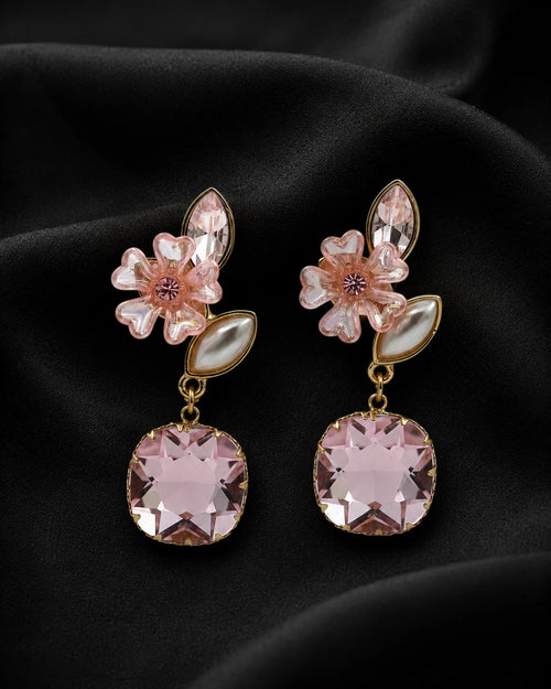Swannah Pink Blossom Drop Floral Crystal Statement Earrings for Women