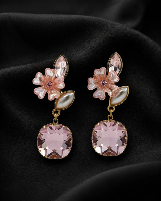Swannah Pink Blossom Drop Floral Crystal Statement Earrings for Women