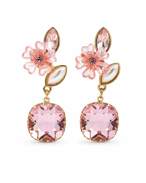 Swannah Pink Blossom Drop Floral Crystal Statement Earrings for Women