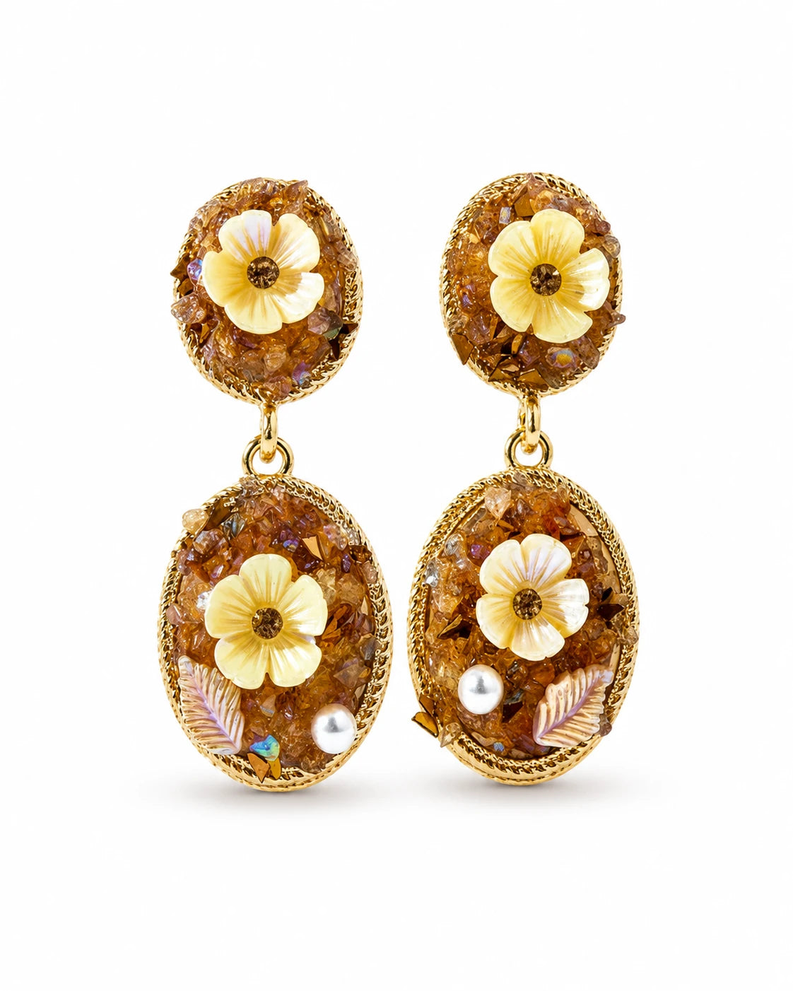 Swannah Golden Meadow Bloom Floral Pearl Statement Drop Earrings for Women
