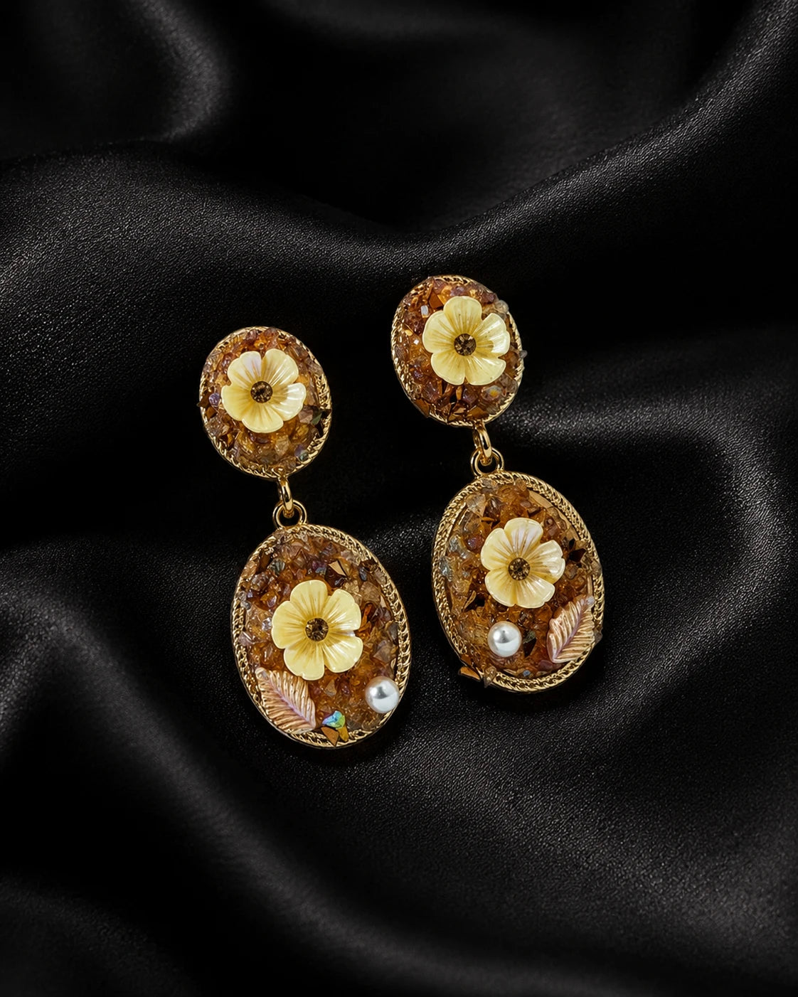 Swannah Golden Meadow Bloom Floral Pearl Statement Drop Earrings for Women