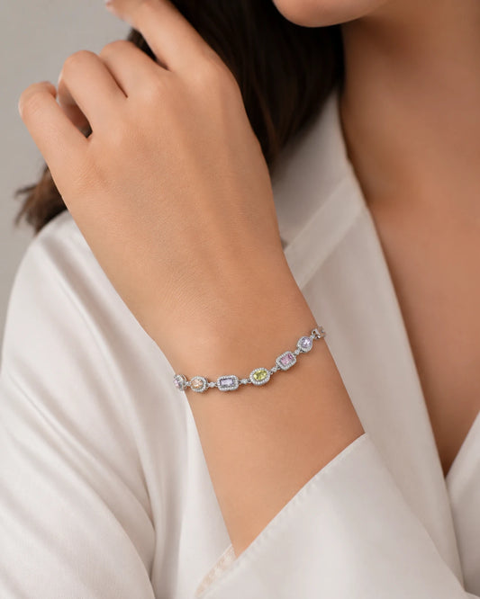 Swannah Pastel Gemstone Charm Silver Multicolor Crystal Link Bracelet for Women