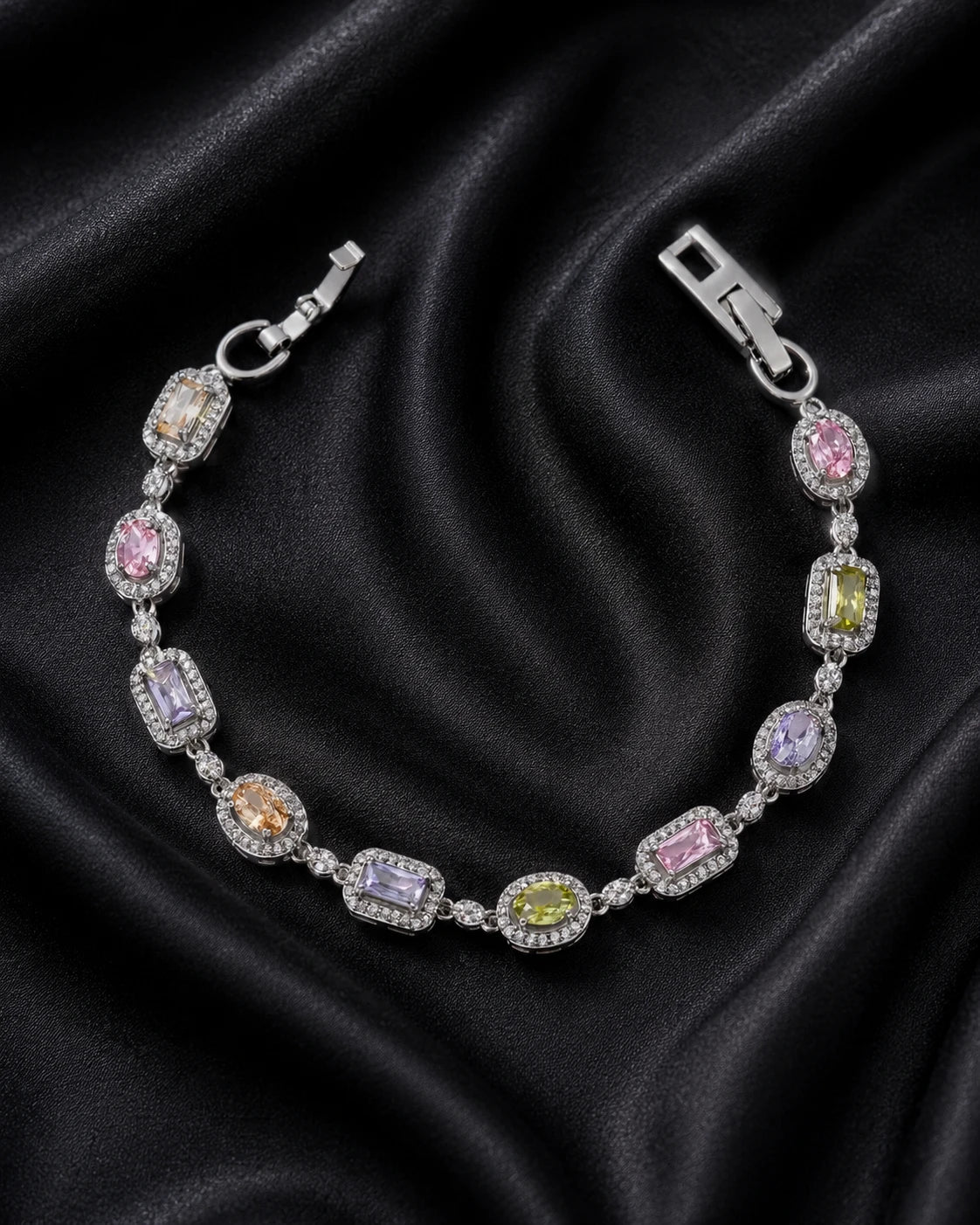 Swannah Pastel Gemstone Charm Silver Multicolor Crystal Link Bracelet for Women