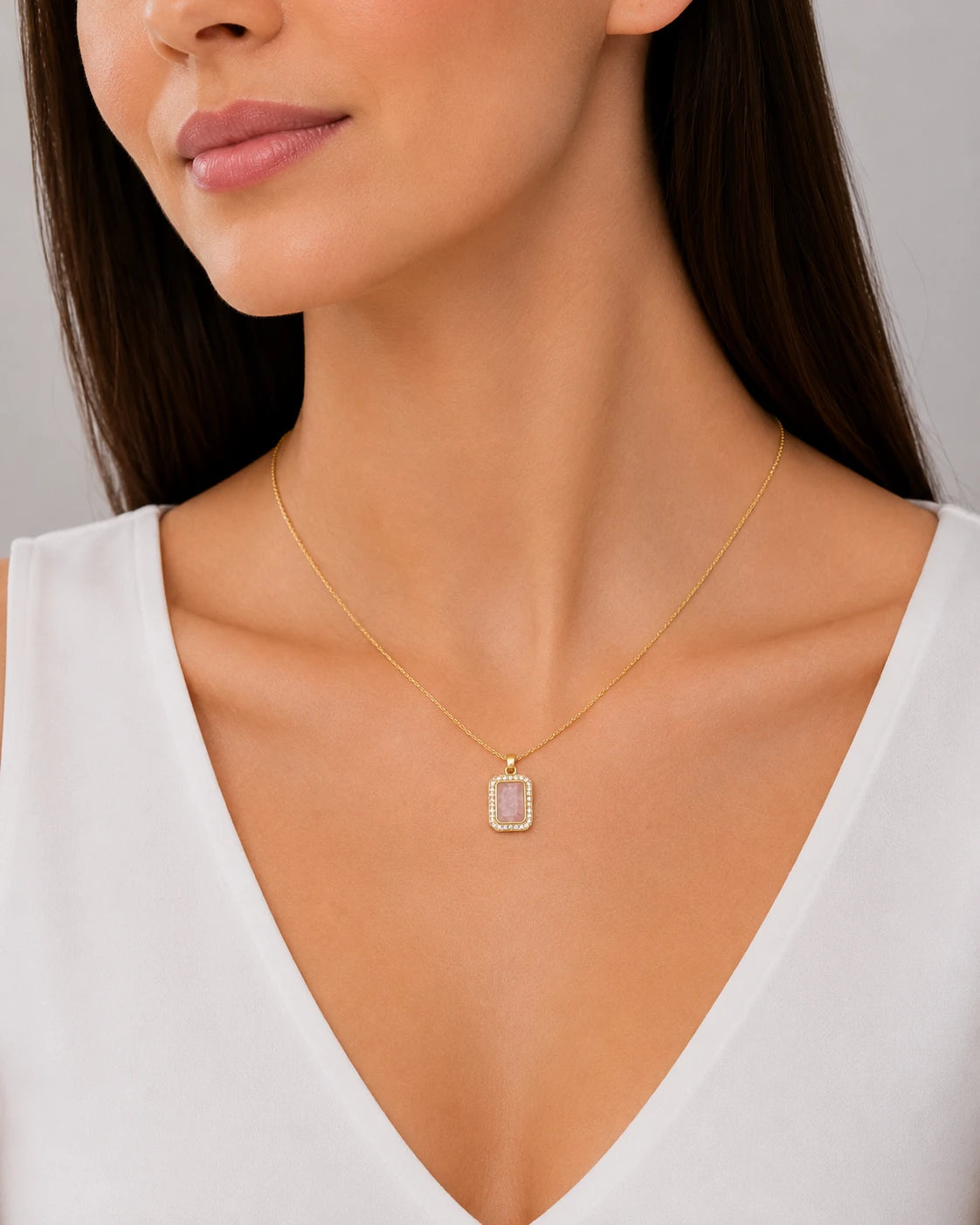 pink halo rectangle pendant necklace