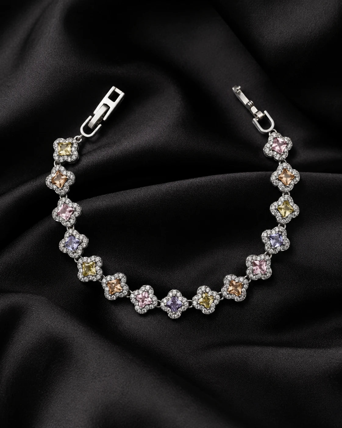Swannah Pastel Clover Crystal Silver Multicolor Floral Tennis Bracelet for Women