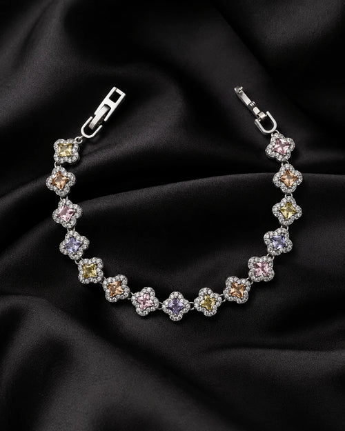 Swannah Pastel Clover Crystal Silver Multicolor Floral Tennis Bracelet for Women