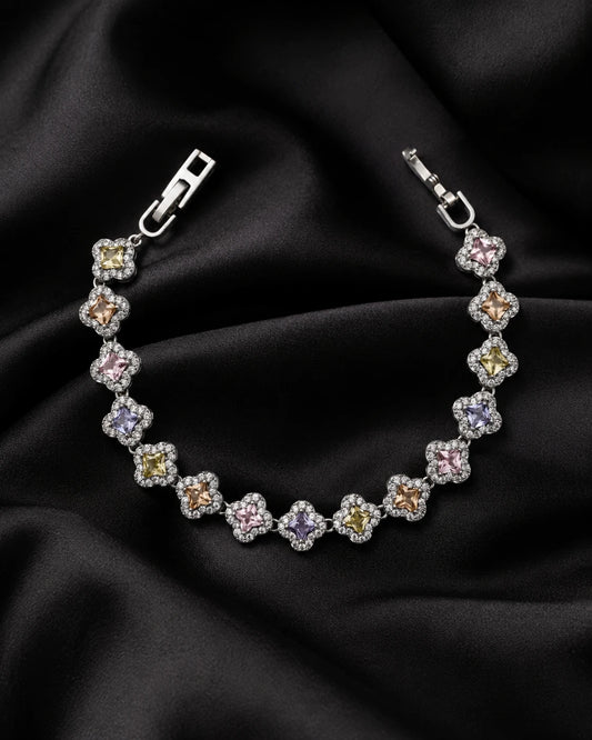 Swannah Pastel Clover Crystal Silver Multicolor Floral Tennis Bracelet for Women