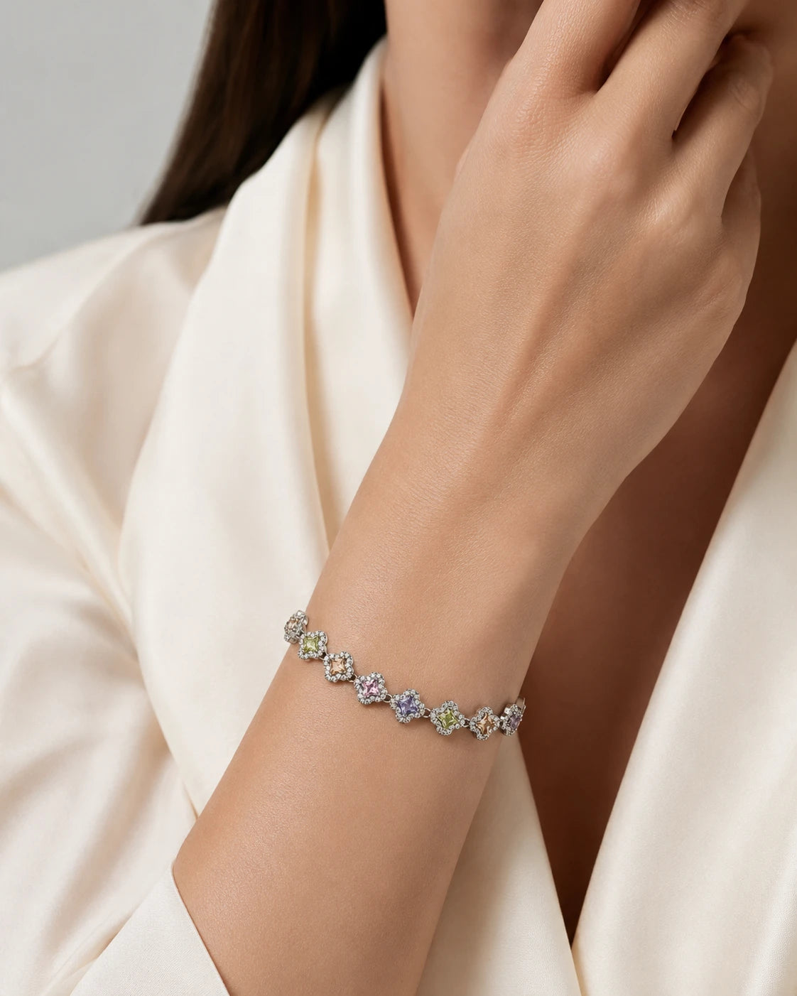 Swannah Pastel Clover Crystal Silver Multicolor Floral Tennis Bracelet for Women