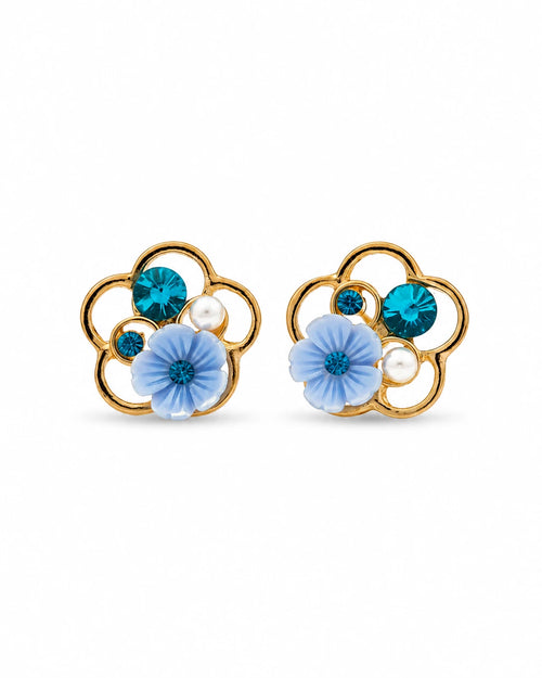 Swannah Blue Blossom Pearl Stud Floral Crystal Statement Earrings for Women