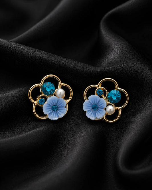 Swannah Blue Blossom Pearl Stud Floral Crystal Statement Earrings for Women