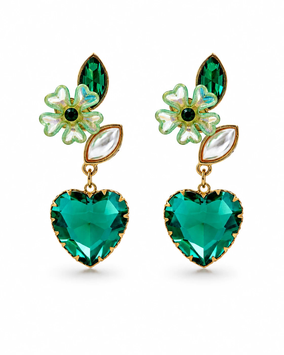 Swannah Emerald Heart Blossom Green Crystal Floral Drop Earrings for Women