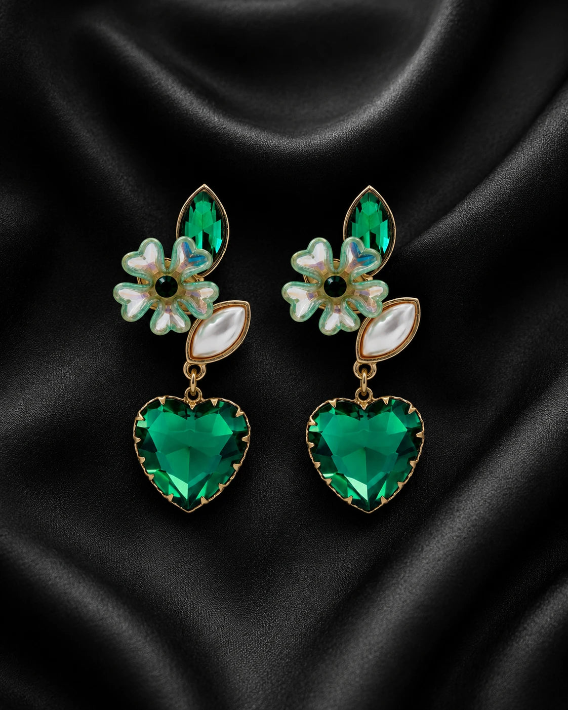 Swannah Emerald Heart Blossom Green Crystal Floral Drop Earrings for Women