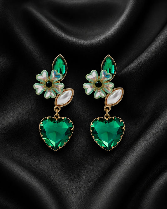 Swannah Emerald Heart Blossom Green Crystal Floral Drop Earrings for Women
