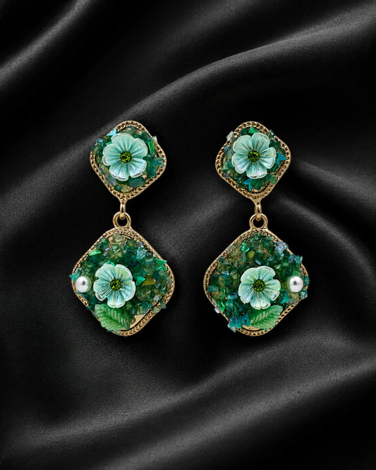 Swannah Emerald Garden Bloom Green Floral Statement Drop Earrings for Women