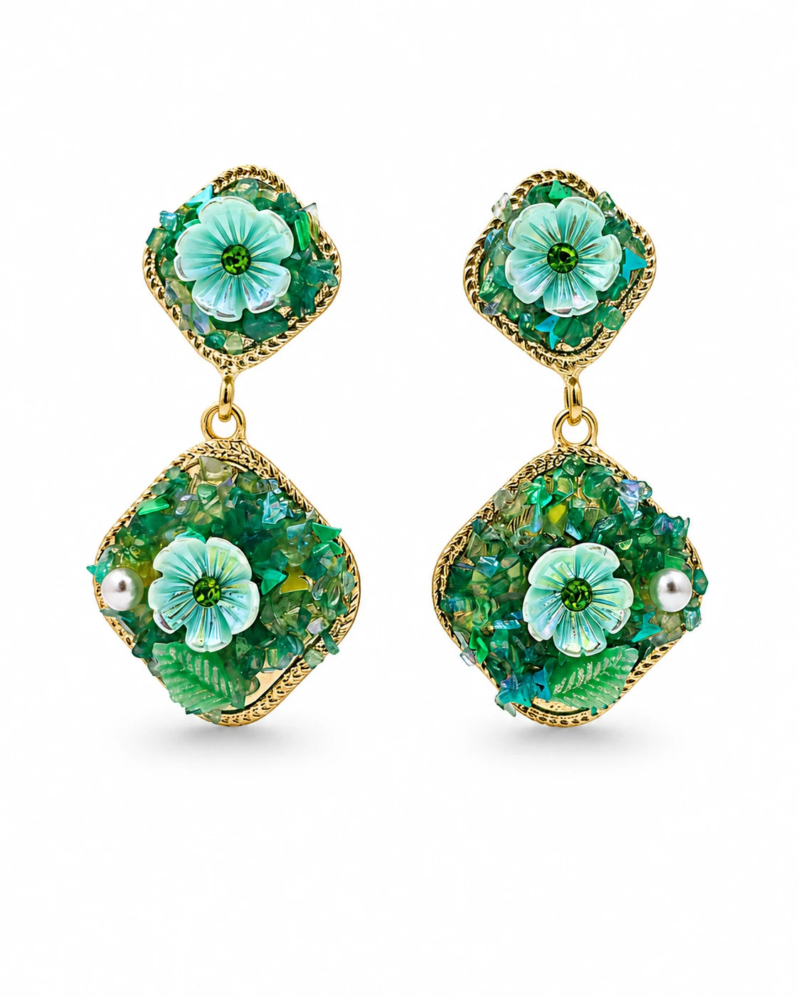 Swannah Emerald Garden Bloom Green Floral Statement Drop Earrings for Women