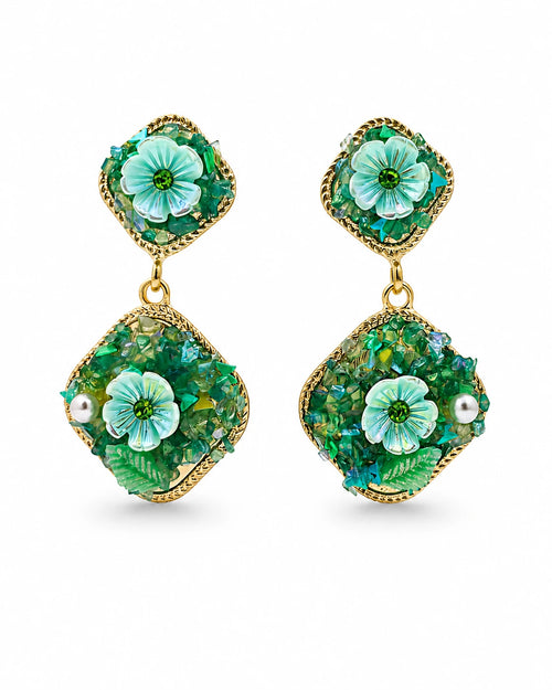 Swannah Emerald Garden Bloom Green Floral Statement Drop Earrings for Women