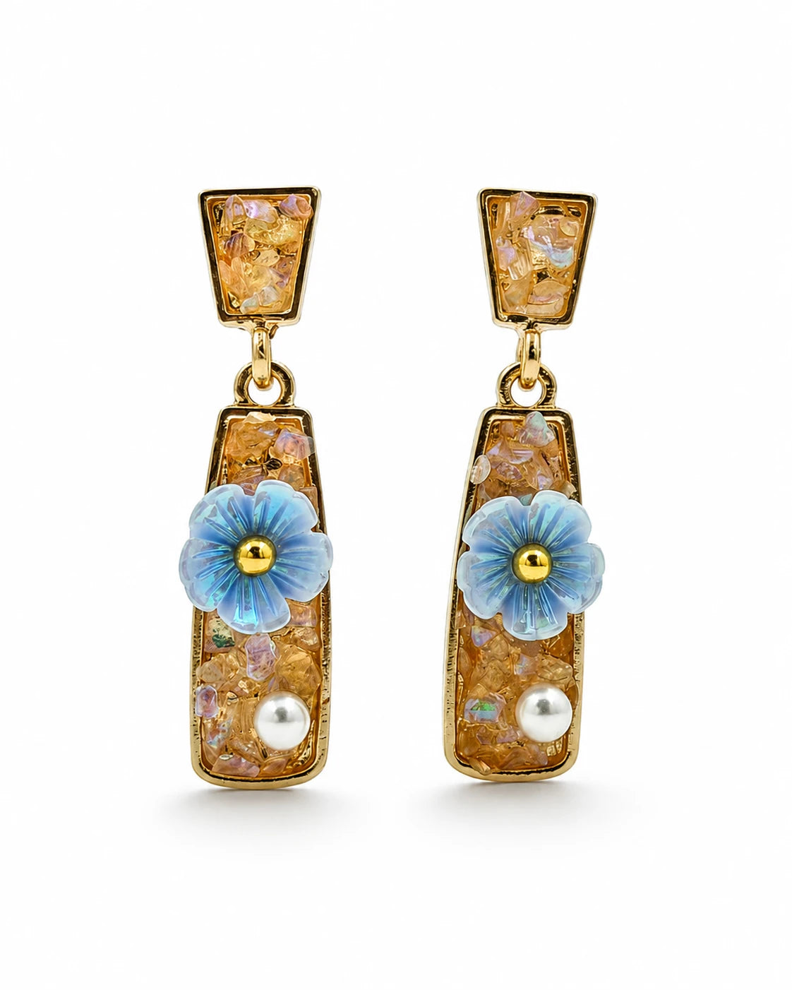 Swannah Blue Blossom Pearl Drop Floral Geometric Statement Earrings for Women