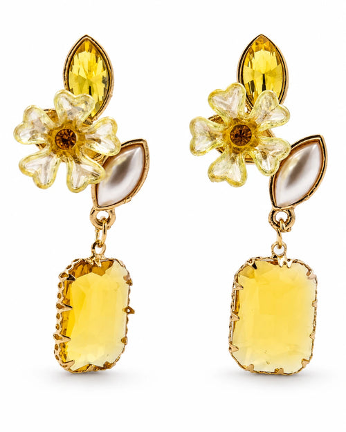 Swannah Golden Bloom Drop Yellow Crystal Floral Statement Earrings for Women