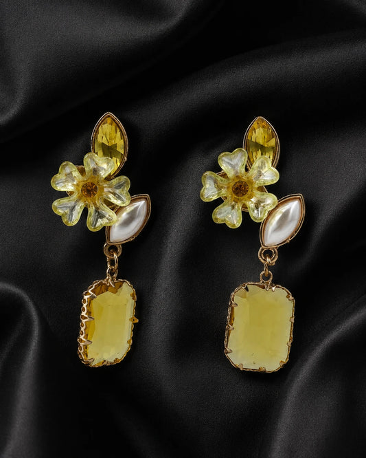 Swannah Golden Bloom Drop Yellow Crystal Floral Statement Earrings for Women