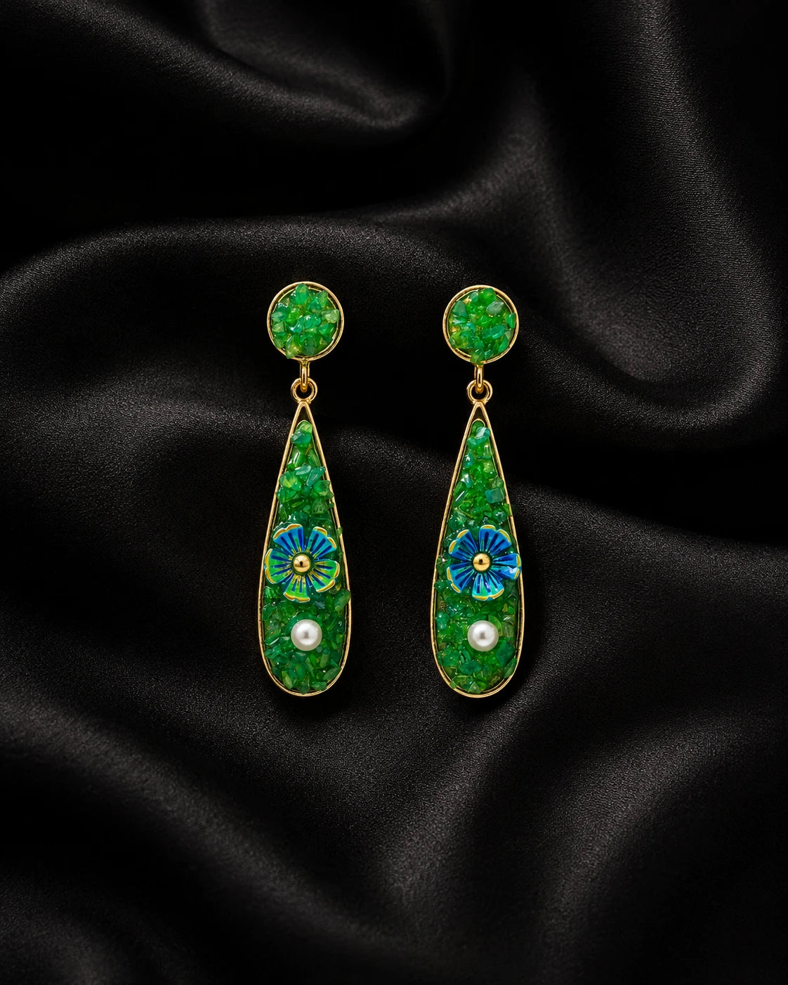 Swannah Emerald Bloom Pearl Drop Green Floral Statement Earrings for Women