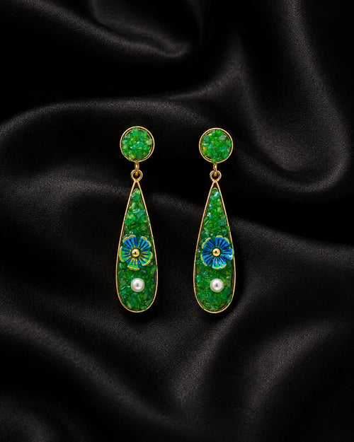 Swannah Emerald Bloom Pearl Drop Green Floral Statement Earrings for Women
