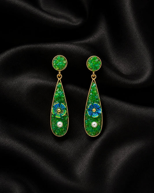 Swannah Emerald Bloom Pearl Drop Green Floral Statement Earrings for Women